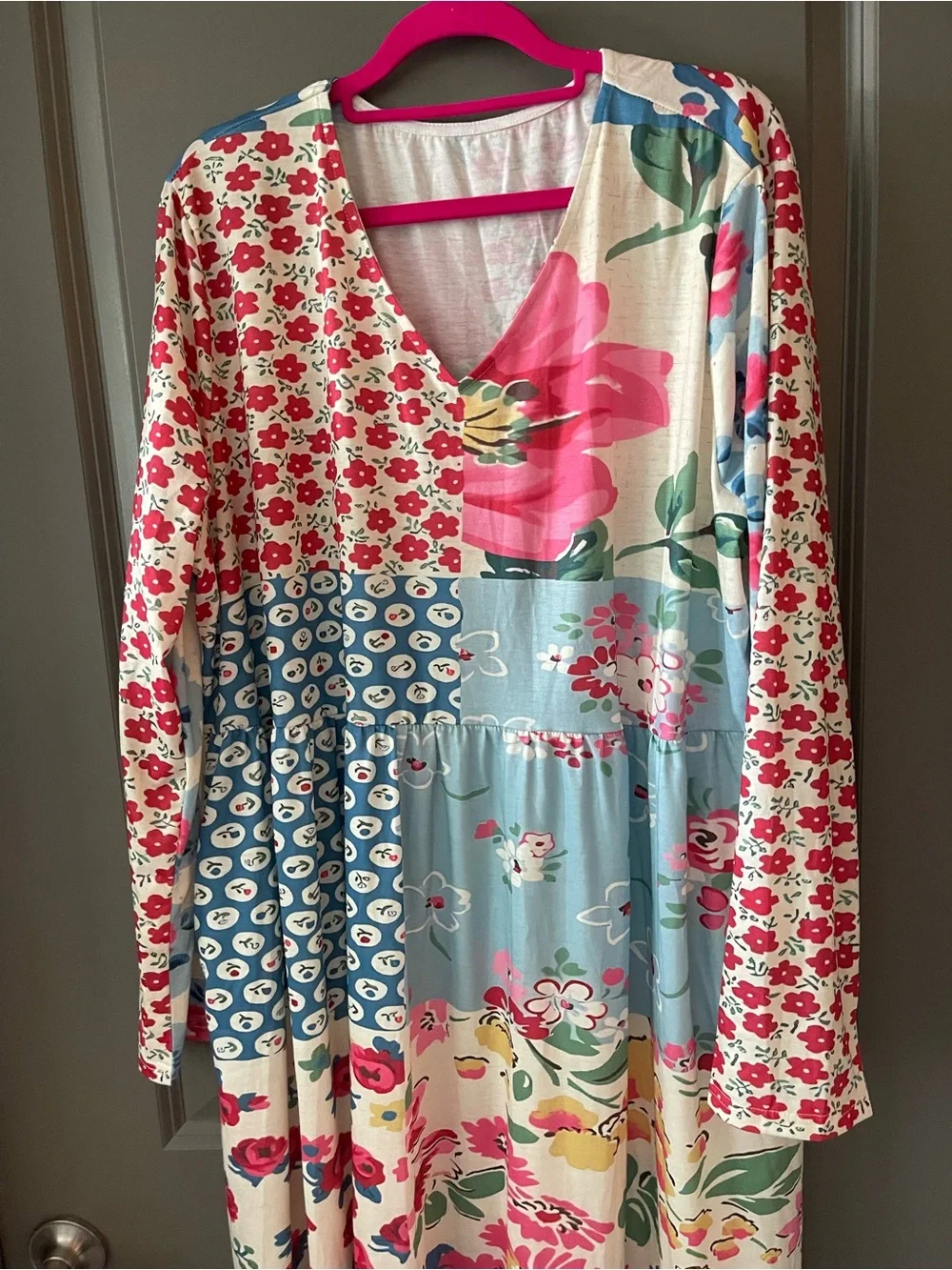 Floral Patchwork Long Sleeve Maxi Dress - Pink & Blue
